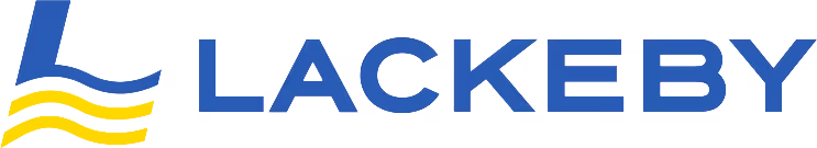 Lackeby firmalogo med blått symbol og blå tekst.
