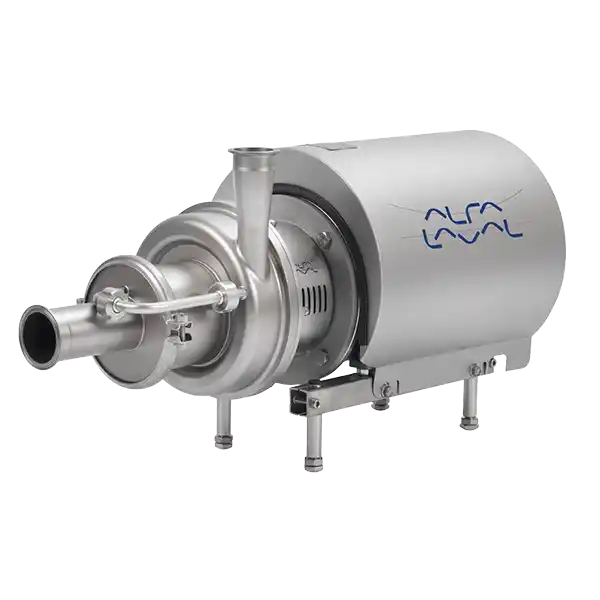 Industriell Alfa Laval kjemisk prosesspumpe i rustfritt stål sett fra venstre side.