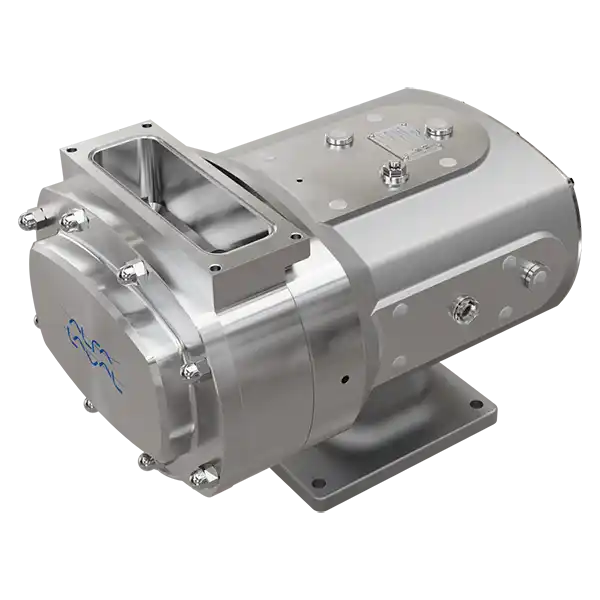 Metallisk maskindel med rektangulært innløp og flere bolter, montert på en baseplate.