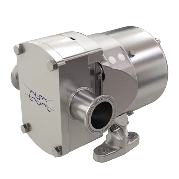 Metallisk pumpe fra Alfa Laval med sirkulær utløpsåpning og festeplate.
