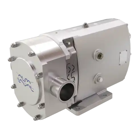 Metallisk pumpeenhet med flere bolter, åpning for væskeinnløp, og rektangulær monteringsbase.