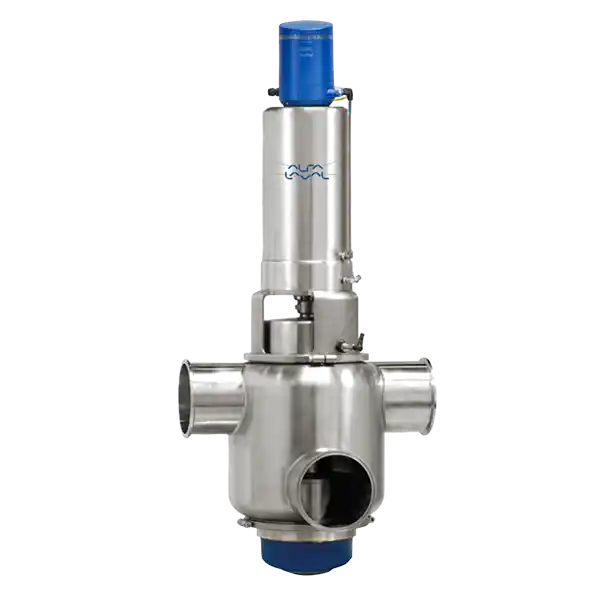 Industriell ventil av rustfritt stål med tre tilkoblinger og blå komponenter på topp og bunn.