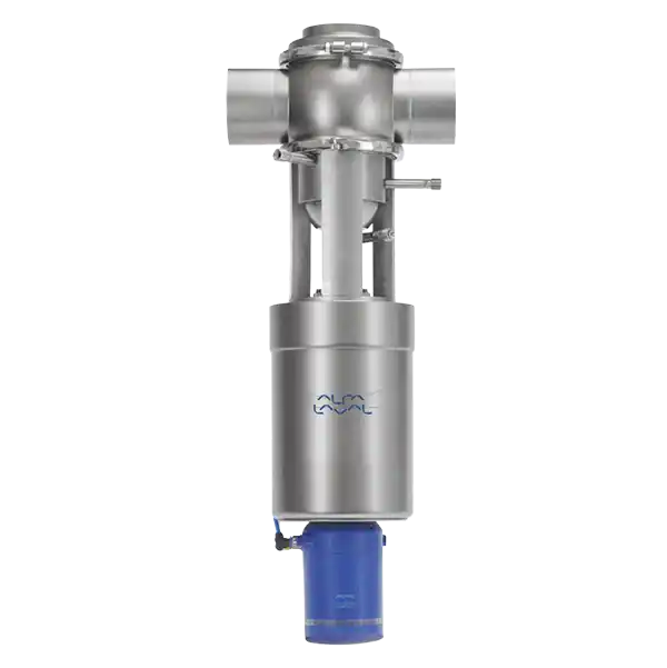 Industriell rustfri stål tankutløp med blå ventil fra Alfa Laval.