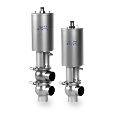 To rustfrie stålsikkerhetsventiler med lange Schalco-merker, stående side om side.