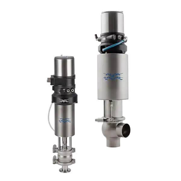 To industrielle ventilventiler i rustfritt stål med Alfa Laval-logo på hvit bakgrunn.