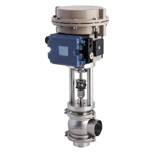 Reguleringsventil i rustfritt stål med blå elektronisk kontroller montert på toppen.