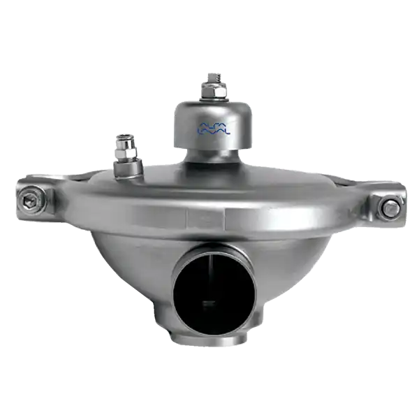 Metallisk trykkmodulerende ventil med to festebolter på sidene og en justeringsskrue på toppen.