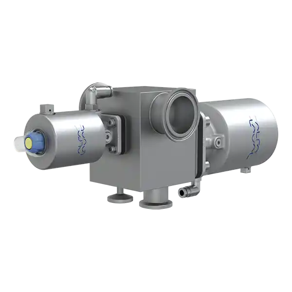 Metallisk aktuator med firkantet midtdel og sylindriske komponenter på hver side.