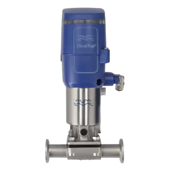 Blå og sølv industriell ventil med T hanneTop-logo på hvit bakgrunn.