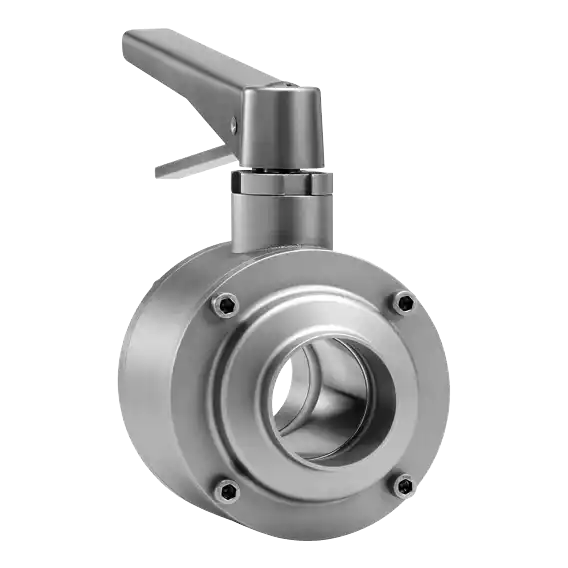 Rustfri kuleventil med spak for kontroll av væskestrøm.