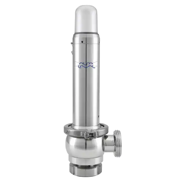 Sikkerhetsventil i rustfritt stål med vertikal sylinder og sideåpning.