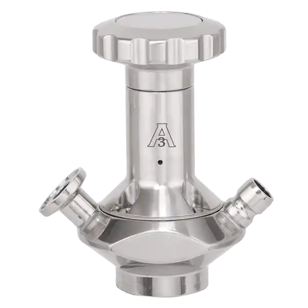 Rustfritt stål prøvetakingsventil med tre tilkoblinger og håndtak øverst.