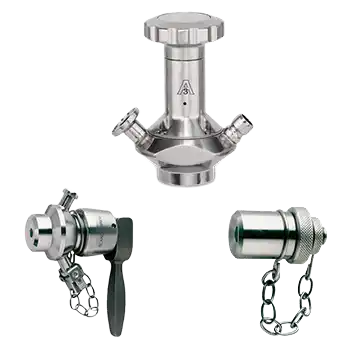 Tre rustfrie industriventiler med kjeder og håndtak på hvit bakgrunn.