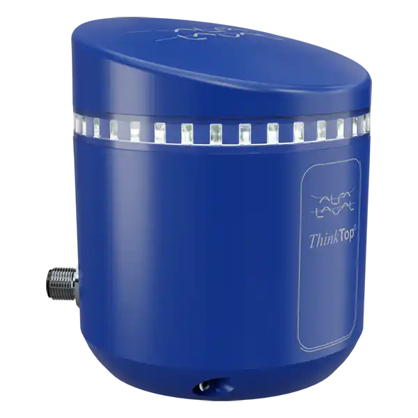 Blå Alfa Laval ThinkTop, en industriell tankovervåkingsenhet med lysindikatorer rundt toppen.