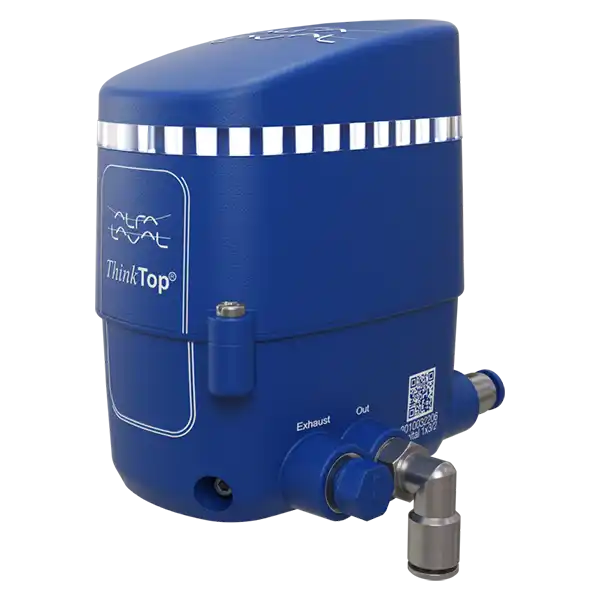 Blå Alfa Laval ThinkTop enhet med påkoblingsporter merket Exhaust og Out.
