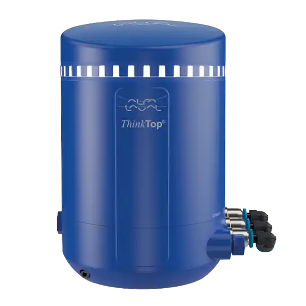 Blå Alfa Laval ThinkTop ventilkontroller med flere koblinger på siden.