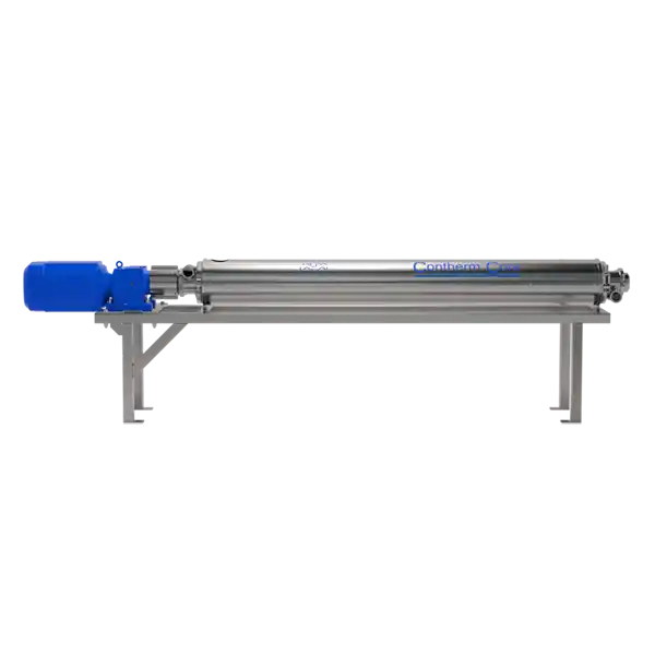 Lang, horisontal metallmaskin med blå motor til venstre og støttebein under.