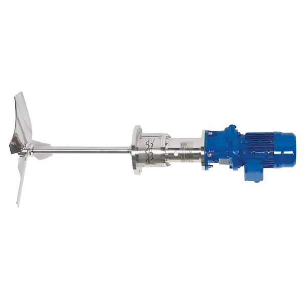 Sidemontert industriell agitator med blå motor og propellblad i rustfritt stål.