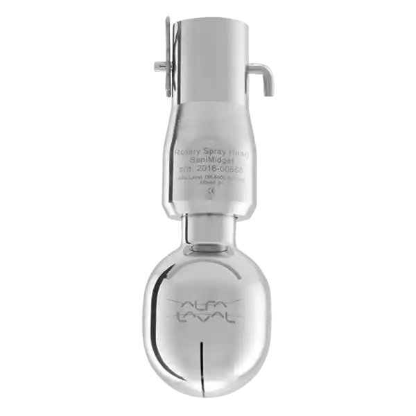 Roterende sprayhode i metall med rund nederste del og påskriften Alfa Laval.