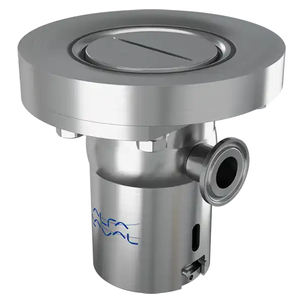 Metallisk industrikomponent med en rund, flat topp og sideåpning, merket med Alfa Laval-logo.