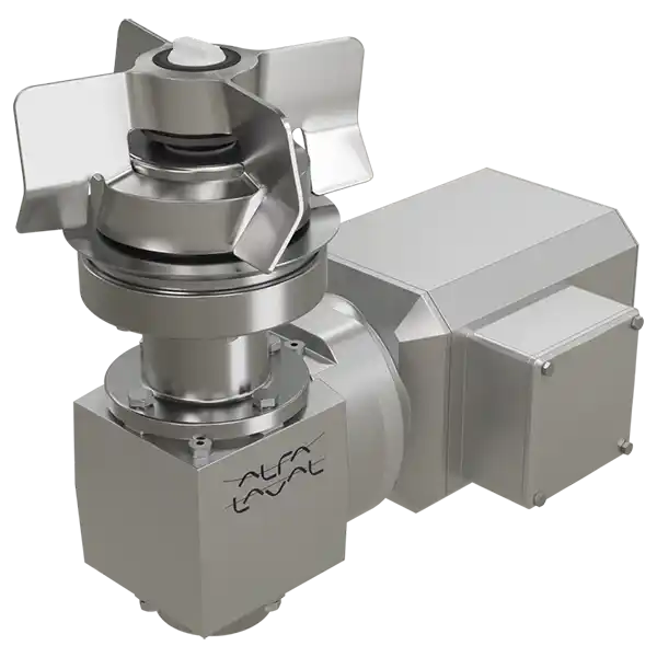 Metallkomponent fra Alfa Laval med fanformede blader, sannsynligvis en pumpe- eller blandeenhet.