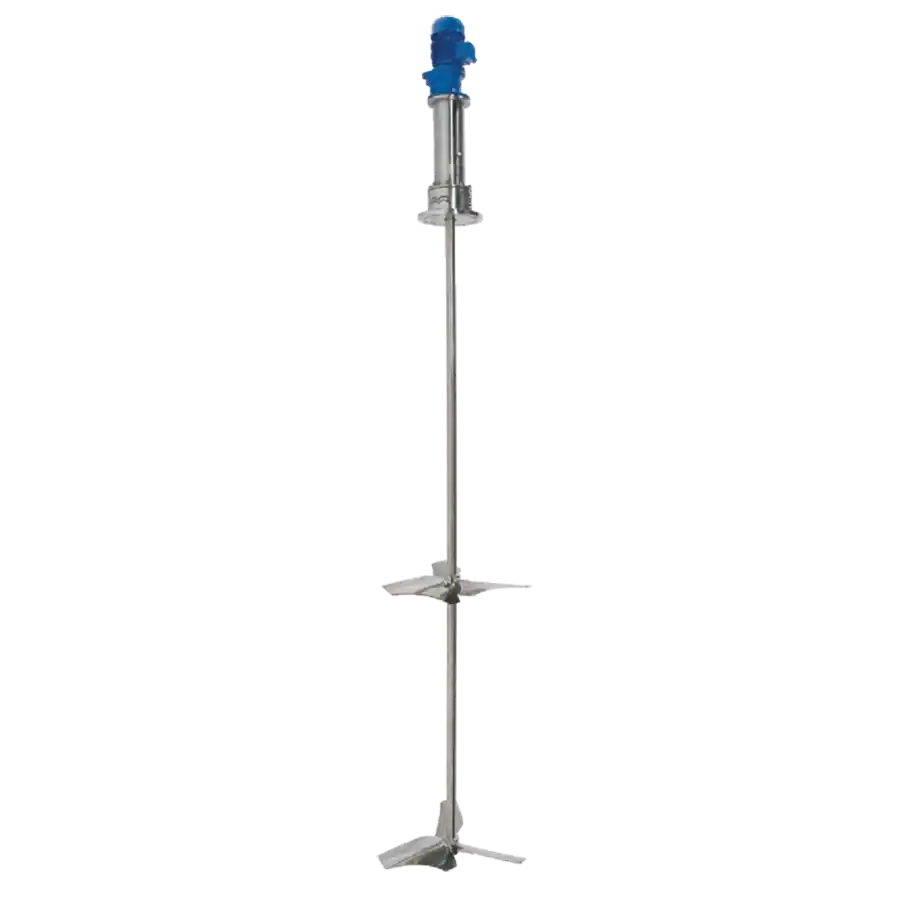 Topmontert industrimotor-omrører i rustfritt stål med to sett omrøringsblad.