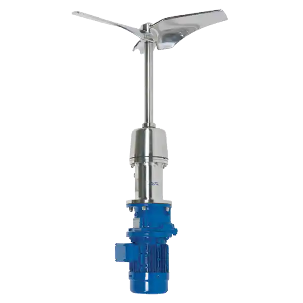 Bunnmontert omrører med blå motor og rustfritt stål propell sett forfra.