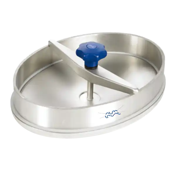 Ovalt rustfritt stål lokk med blå justeringsknapp på toppen.