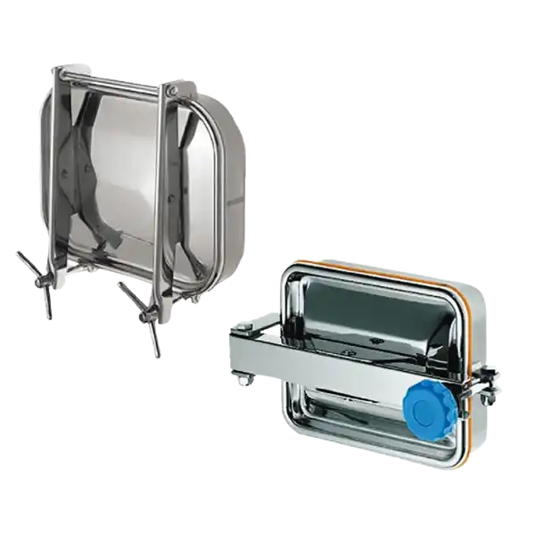 To rustfritt ståltankdeksel med håndtak og blått justeringshjul.