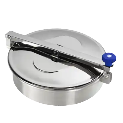 Rund tanklokk i rustfritt stål med en låsestang og en blå knapp.