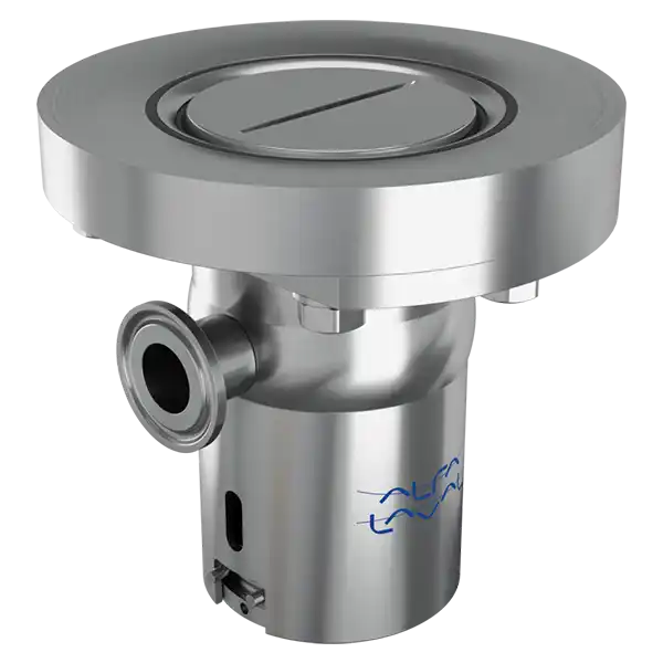 Justerbar metallkomponent med sirkulært lokk og sideåpning, sannsynligvis en del for rør eller ventilasjon.