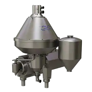 Industriell sentrifuge i rustfritt stål med kjegleformet topp og tilkoblet sylinder for separasjon.