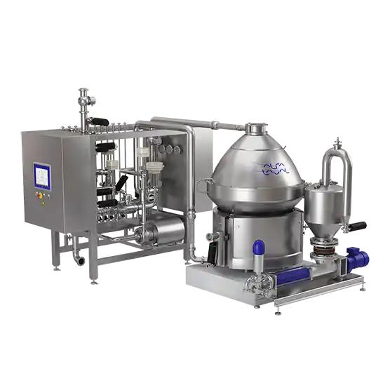 Industriell separasjonsmaskin i rustfritt stål med kontrollpanel og konisk separator.