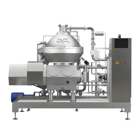 Industriell aluminiumseparator med rør og kontrollpanel.