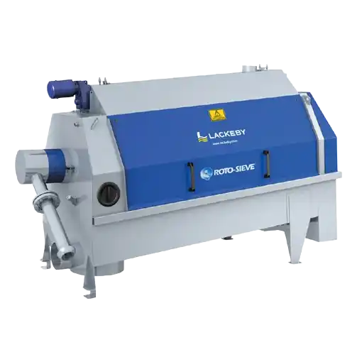 Industriell Roto-Sieve maskin fra Lackeby med blå og hvit kropp.