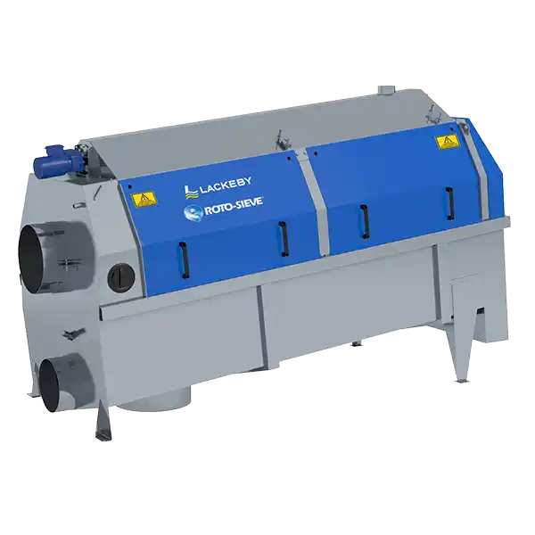 Industriell roterende siktemaskin med grått og blått kabinett merket Lackeby Roto-Sieve.