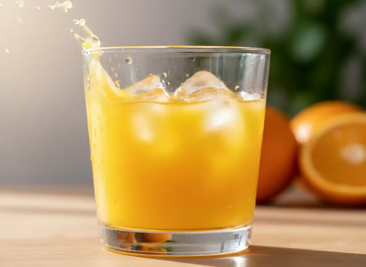 Glass med appelsinjuice og isbiter på et bord, med en appelsin delt i to i bakgrunnen.