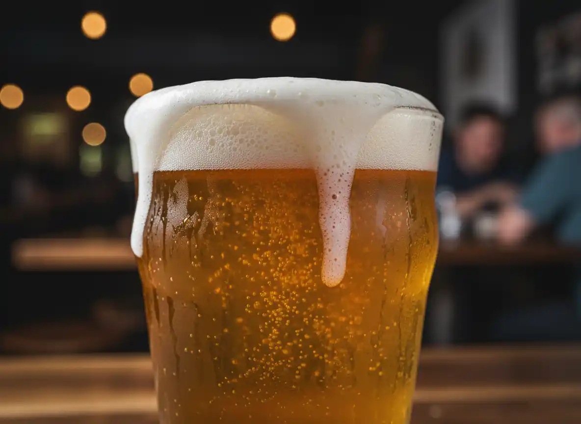 Et glass gyllen øl med skum som renner nedover kanten på et bord i en pub.