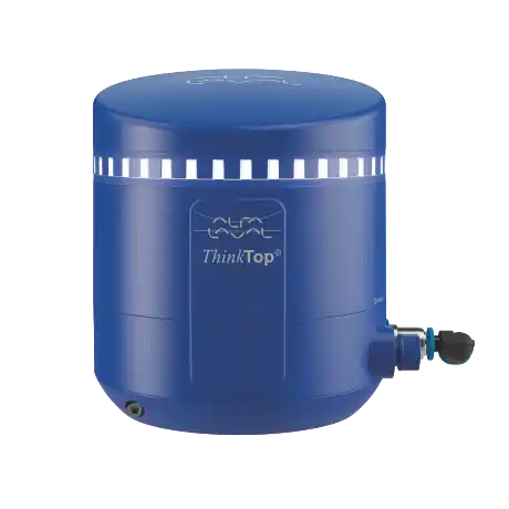 Blå sylinderformet Alfa Laval ThinkTop-enhet med et rundt mønster rundt toppen.