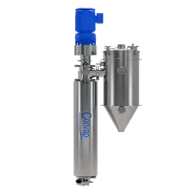 Rett, metallisk industriell maskin med blå motor og Convap-logo.