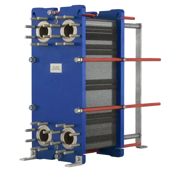 Blå platen varmeveksler med rustfrie stålplater og røde stag.