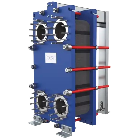 Blå platevarmeveksler med runde åpninger og røde feste stenger.