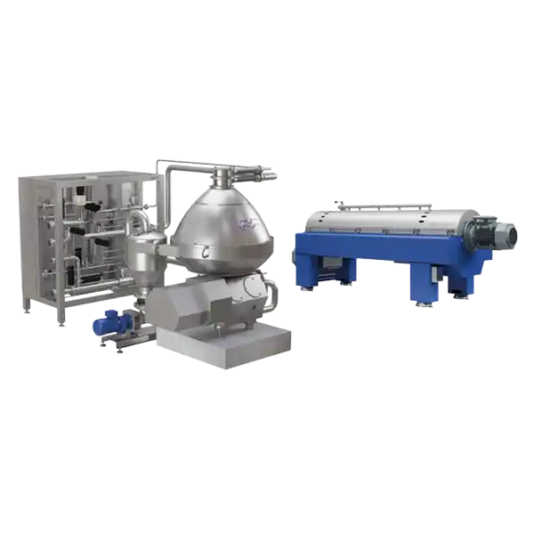 Industrimaskin med roterende sentrifuge og tilknyttede komponenter i rustfritt stål og blå base.