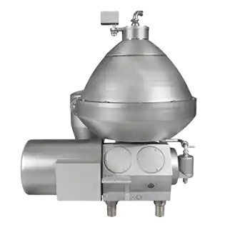 Industriell sentrifuge i rustfritt stål med konisk øvre del og tilkoblinger på toppen.