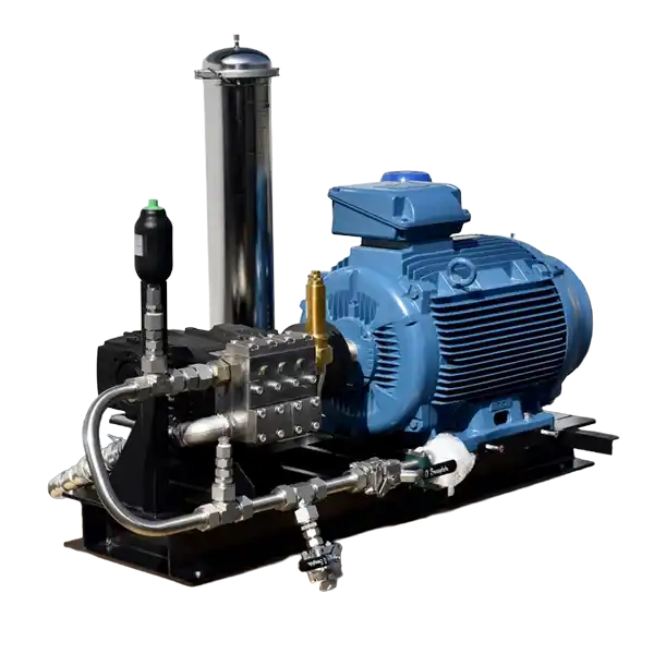 Blå elektrisk motor koblet til en pumpe med metallrør og ventiler på et svart metallunderlag.