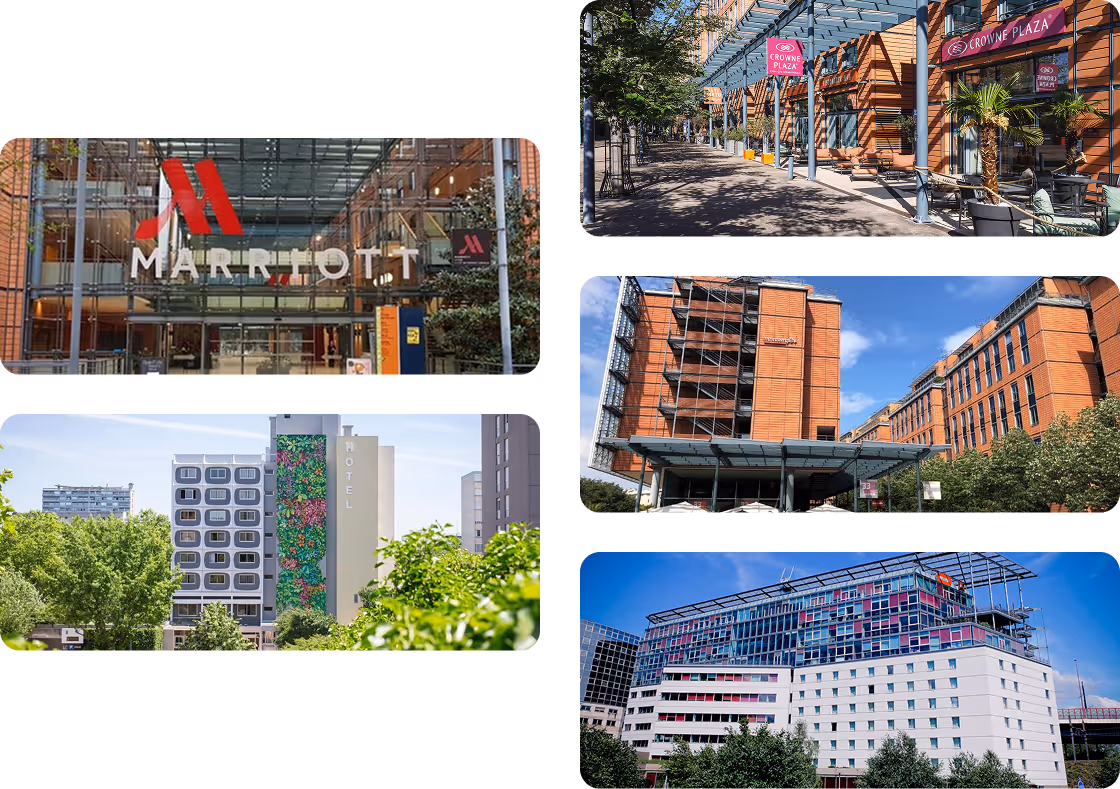 Montage de façades d'hôtels Marriott, Crowne Plaza avec bâtiments modernes et végétation.