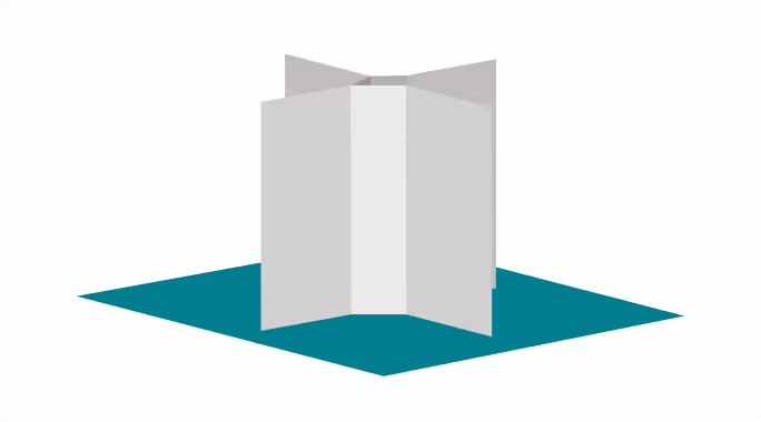 Illustration d’un dépliant ouvert en gris sur une forme polygonale turquoise.