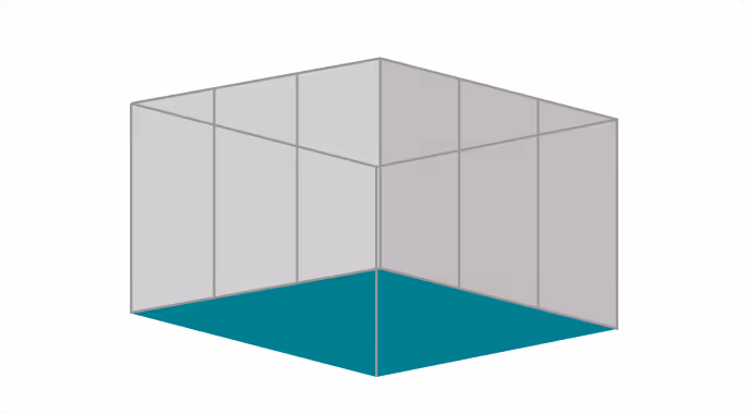 Illustration d'un cube 3D transparent avec une base en bleu et des arêtes grises.