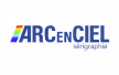 Logo ARC en CIEL sérigraphie with colorful bars and blue text on white background.