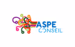 Logo coloré avec formes abstraites et texte ASPE CONSEIL en bleu.